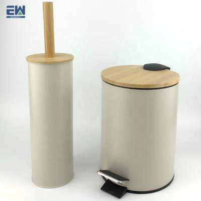 Toilet Brush Holder with Bamboo Lid and Bathroom Powder Coated Metal Trash Can